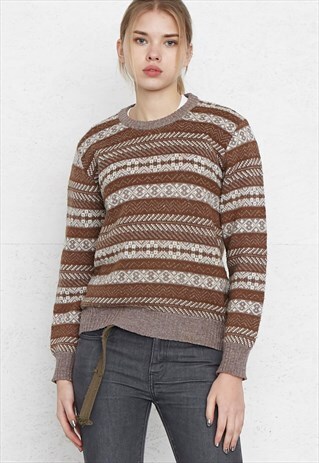VINTAGE BROWN ROUND NECK KNIT JUMPER SWEATER
