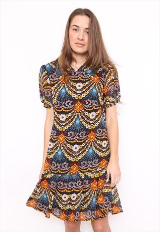 VINTAGE 70S ABSTRACT FLORAL DROP HEM MINI DRESS