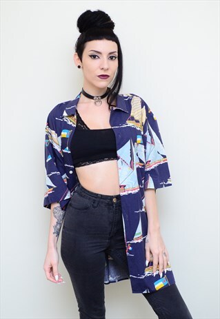 VINTAGE 90'S RETRO YACHT PATTERNED BOYFRIEND SHIRT