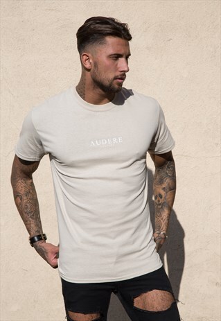 BEIGE T-SHIRT WHITE PRINT