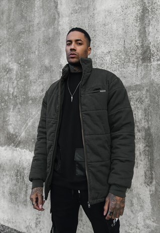NO BOUNDARIES DENIM PUFFA JACKET IN KHAKI