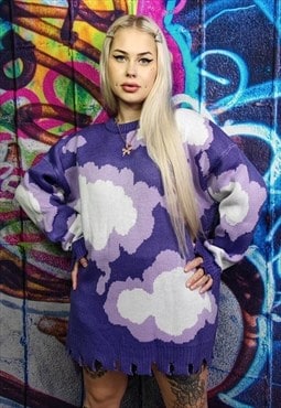 Cloud print sweater ripped knitwear jumper sky top in purple