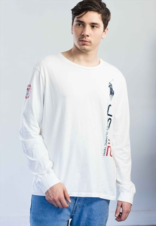 VINTAGE POLO RALPH LAUREN LOGO OLYMPICS T-SHIRT 90S XL 7.5