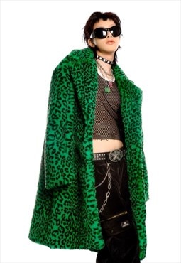 Leopard print long coat faux fur animal pattern trench green
