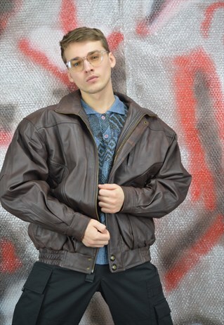 VINTAGE BROWN RAVE LEATHER BIKER BOMBER JACKET