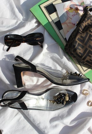 VINTAGE 80S SUEDE & PVC MARINE EMBELLISHED SLINGBACK HEELS