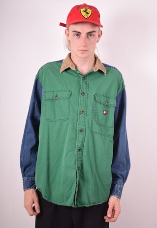 TOMMY HILFIGER MENS VINTAGE DENIM SHIRT MEDIUM GREEN 90S