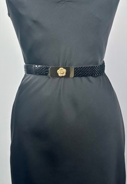 70's Vintage Ladies Belt Stretchy Black Plastic Gold Disco 