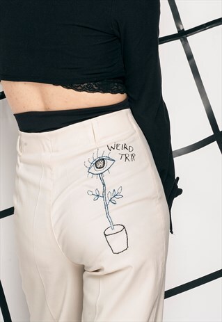 REWORKED VINTAGE CROPPED TROUSERS W WEIRD TRIP EMBROIDERY
