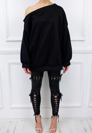 BLACK OFF SHOULDER JUMPER SWEATER SWEATSHIRT LOOSE TOP
