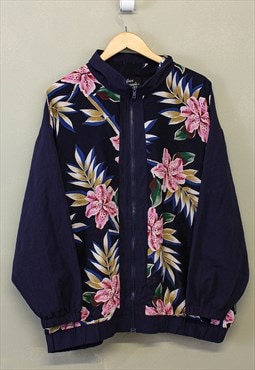 Vintage Floral Shell Jacket Navy Multicolour Zip Up 
