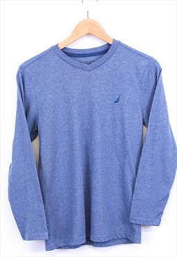 Vintage Nautica T Shirt Blue Long Sleeve With Tonal Logo 90s