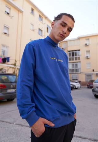 HANDMADE SWEATSHIRT IN BLUE WITH MOCKNECK AND EMBROIDERED