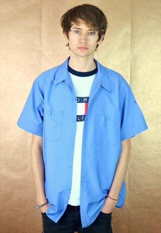 90S VINTAGE MINIMAL LIGHT BLUE WORKWEAR SHORT SLEEVE SHIRT