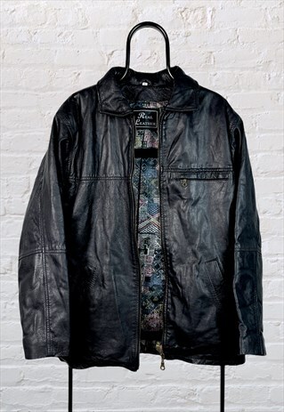 VINTAGE REAL LEATHER PATTERNED LINING BLACK MEDIUM