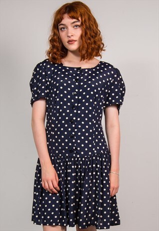 80'S VINTAGE NAVY BLUE POLKA DOT PATTERN DROP HEM DRESS