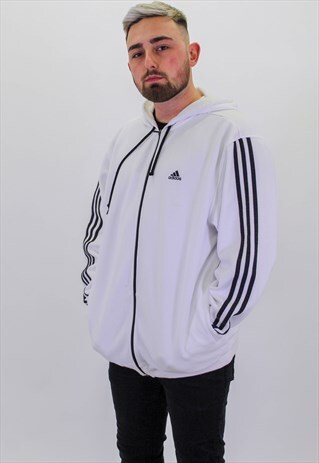 VINTAGE ADIDAS EMBROIDERED LOGO HOODIE IN WHITE LARGE