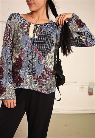 90'S RETRO ABSTRACT BOHO PRINT LOOSE FESTIVAL TUNIC TOP