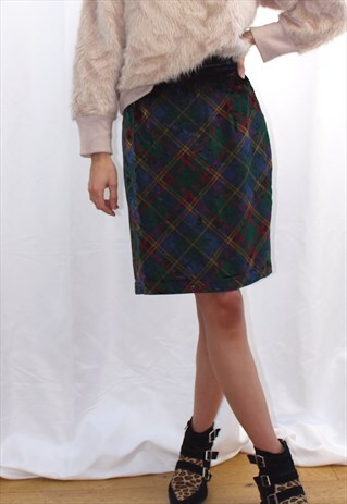 80S VELVET TARTAN SKIRT IN GREEN