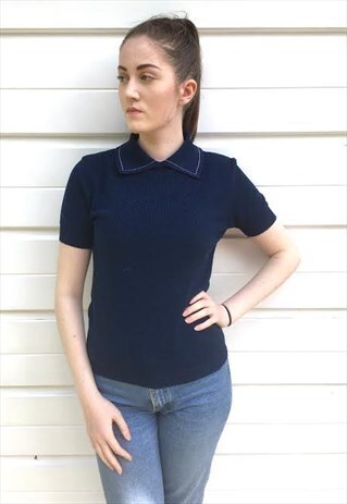 WOMENS VINTAGE 70S BLOUSE DARK BLUE COLLARED JUMPER TOP