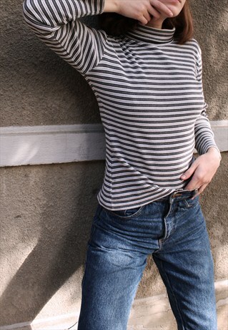 90S STRIPED RIBBED TURTLE NECK TOP