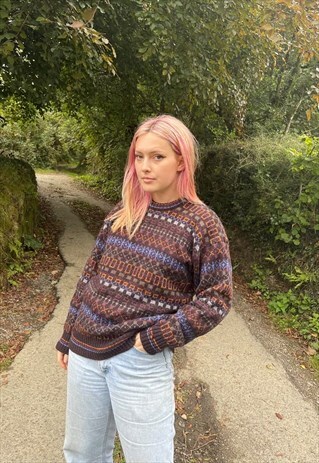 VINTAGE 80S CHUNKY KNITTED ABSTRACT PATTERNED JUMPER