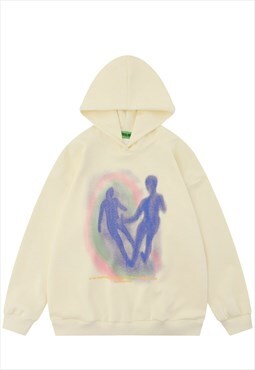Thermal print hoodie psychedelic pullover raver top in cream