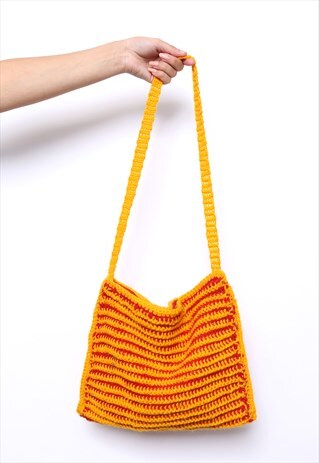 VINTAGE 70S ORANGE HAND KNITTED BAG