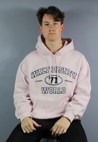 VINTAGE WALT DISNEY WORLD HOODIE IN PINK WITH EMBROIDERED LO