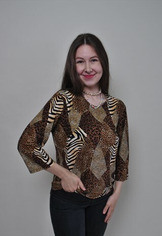 VINTAGE PULLOVER LEOPARD BLOUSE Y2K PATTERNED STRETCHY SHIRT