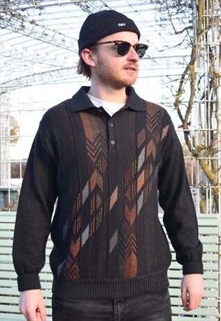 90S 1/4 BUTTON - BORDER PATTERNED GRANDDAD WOOL JUMPER
