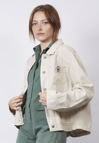VINTAGE 90'S BEIGE DENIM UTILITY TRUCKER JACKET