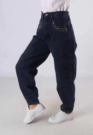 VINTAGE HIGH WAISTED DENIM JEANS WIDE TAPERED UK 10-12 (C1G)