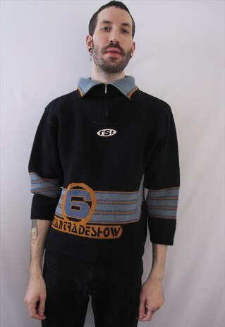 VINTAGE TSI TEDDY SMITH DARK BLUE WOOL SWEATER / JUMPER