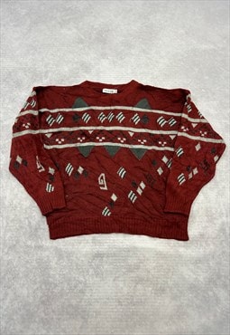 Vintage Knitted Jumper Patterned Knit with Leather Patches