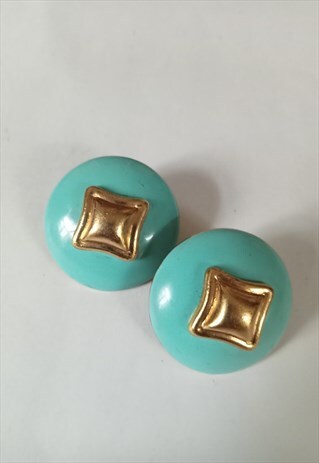 Turquoise and gold 80's enamel statement earrings