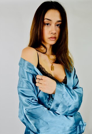 VINTAGE SATIN TEAL KIMONO