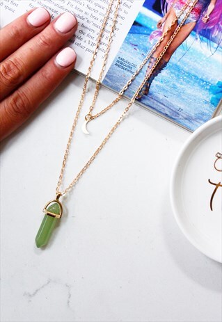 GOLD MOON GREEN QUARTZ STONE GEM MULTI LAYER NECKLACE