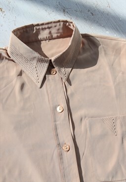 Beige embroidered long sleeved button down collar shIRT