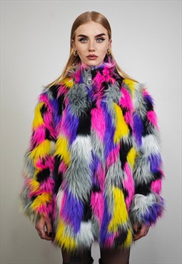 Tropical faux fur jacket raised neck coat bright rave bomber