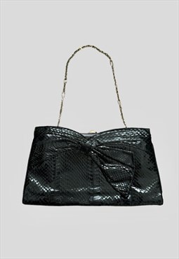 70's Vintage Ladies Leather Black Bow Chain Bag