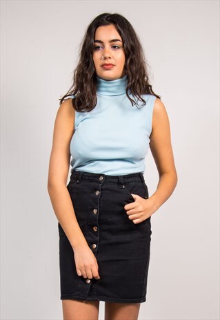 70'S VINTAGE LIGHT BLUE SLEEVELESS STRETCH ROLL NECK TOP
