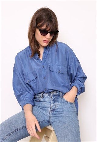 VINTAGE 90S BLUE SILK OVERSIZED BLOUSE SHIRT