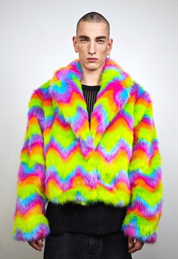 Rainbow faux fur coat cropped striped trench festival bomber