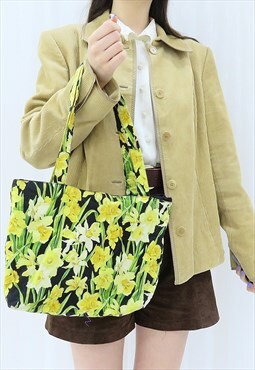 90s Vintage Daffodil Floral Shoulder Tote Bag