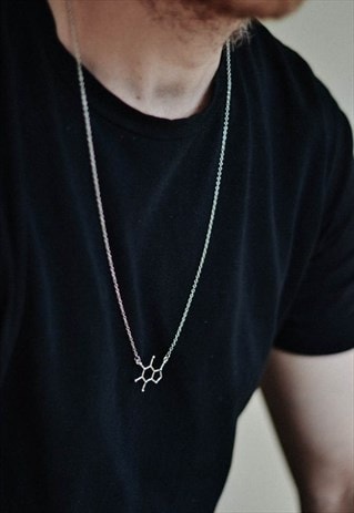 CAFFEINE MOLECULE CHAIN NECKLACE FOR MEN SILVER COFFEE GIFT