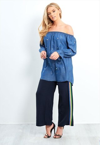 DARK DENIM PEARL DETAIL BARDOT SHIRT