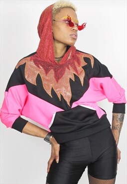 Flame fire hooded sweater in neon pink with red glitter hood