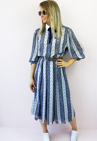 VINTAGE 80'S PAISLEY PRINT STRIPED MIDI DAY DRESS