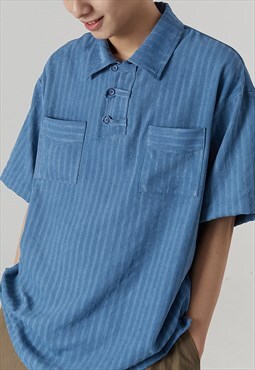 Blue Short sleeve striped cotton polo neck shirt Y2k